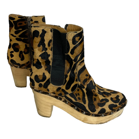 Women's 37 Free People West Johanna Leopard Calf Hair Wooden Clog Boots - Picture 10 of 11